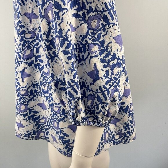C & C California Linen Blend Top Blue Floral Peasant Blouse Shirt Size Large - Picture 9 of 13